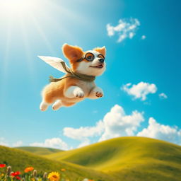 A whimsical and imaginative scene featuring a flying dog with fluffy fur, soaring through a bright blue sky