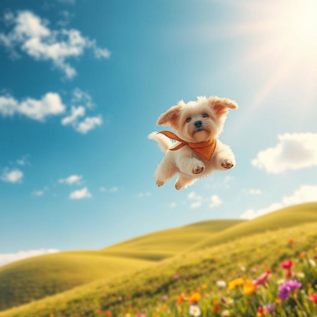 A whimsical and imaginative scene featuring a flying dog with fluffy fur, soaring through a bright blue sky