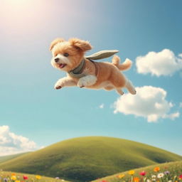 A whimsical and imaginative scene featuring a flying dog with fluffy fur, soaring through a bright blue sky