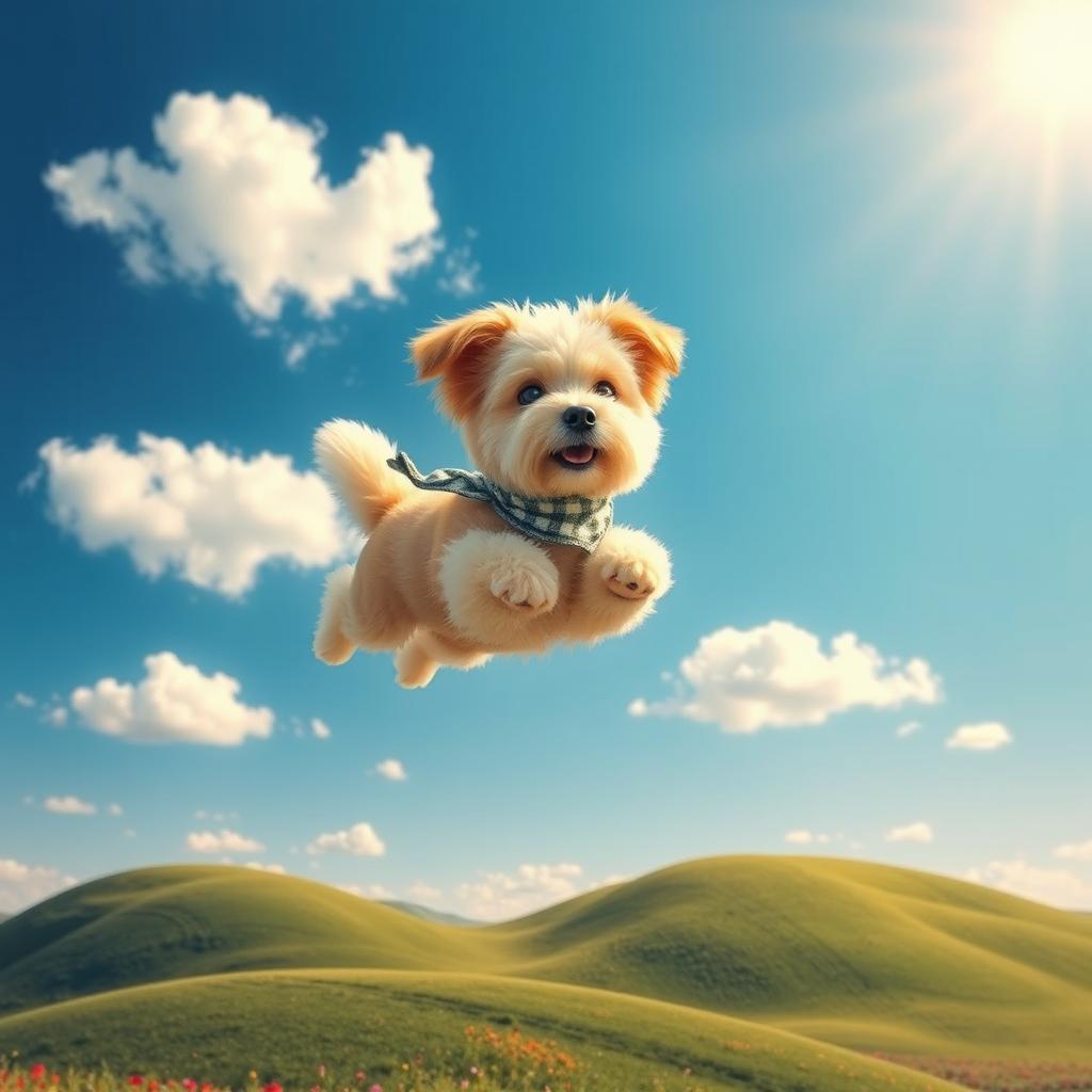 A whimsical and imaginative scene featuring a flying dog with fluffy fur, soaring through a bright blue sky