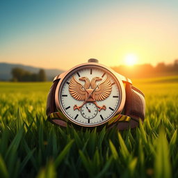 A detailed and artistic rendering of a luxurious watch featuring a double-headed eagle emblem