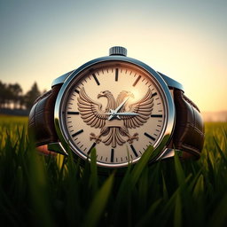 A detailed and artistic rendering of a luxurious watch featuring a double-headed eagle emblem