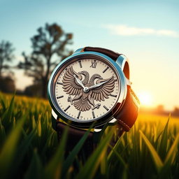 A detailed and artistic rendering of a luxurious watch featuring a double-headed eagle emblem