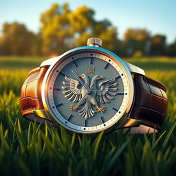 A detailed and artistic rendering of a luxurious watch featuring a double-headed eagle emblem