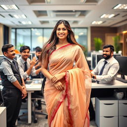 A corporate Indian woman wearing a beautiful, transparent saree, exuding confidence and grace in an office environment, surrounded by Indian peons who are playfully engaging in a humorous, light-hearted context