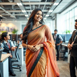A corporate Indian woman wearing a beautiful, transparent saree, exuding confidence and grace in an office environment, surrounded by Indian peons who are playfully engaging in a humorous, light-hearted context