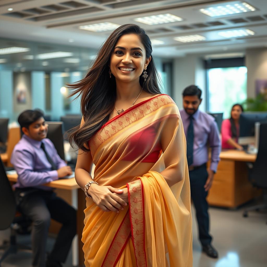 A corporate Indian woman wearing a beautiful, transparent saree, exuding confidence and grace in an office environment, surrounded by Indian peons who are playfully engaging in a humorous, light-hearted context