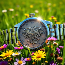 A beautifully crafted watch featuring an intricate double-headed eagle design on its face, set against a lush green field background
