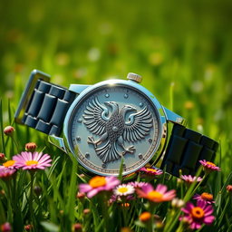 A beautifully crafted watch featuring an intricate double-headed eagle design on its face, set against a lush green field background