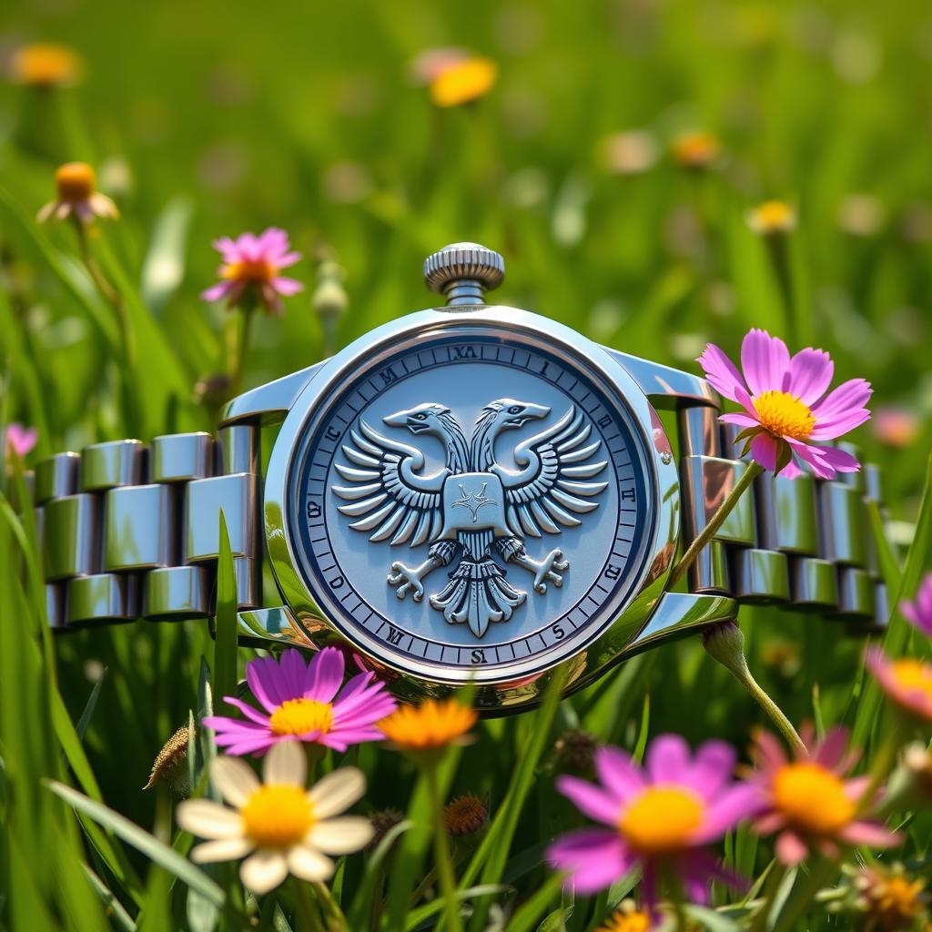 A beautifully crafted watch featuring an intricate double-headed eagle design on its face, set against a lush green field background