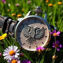 A beautifully crafted watch featuring an intricate double-headed eagle design on its face, set against a lush green field background