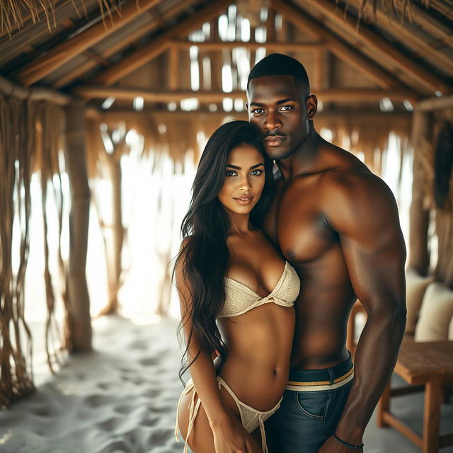 A captivating full-length photoshoot capturing a hot, sultry couple in a beach hut