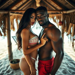 A captivating full-length photoshoot capturing a hot, sultry couple in a beach hut