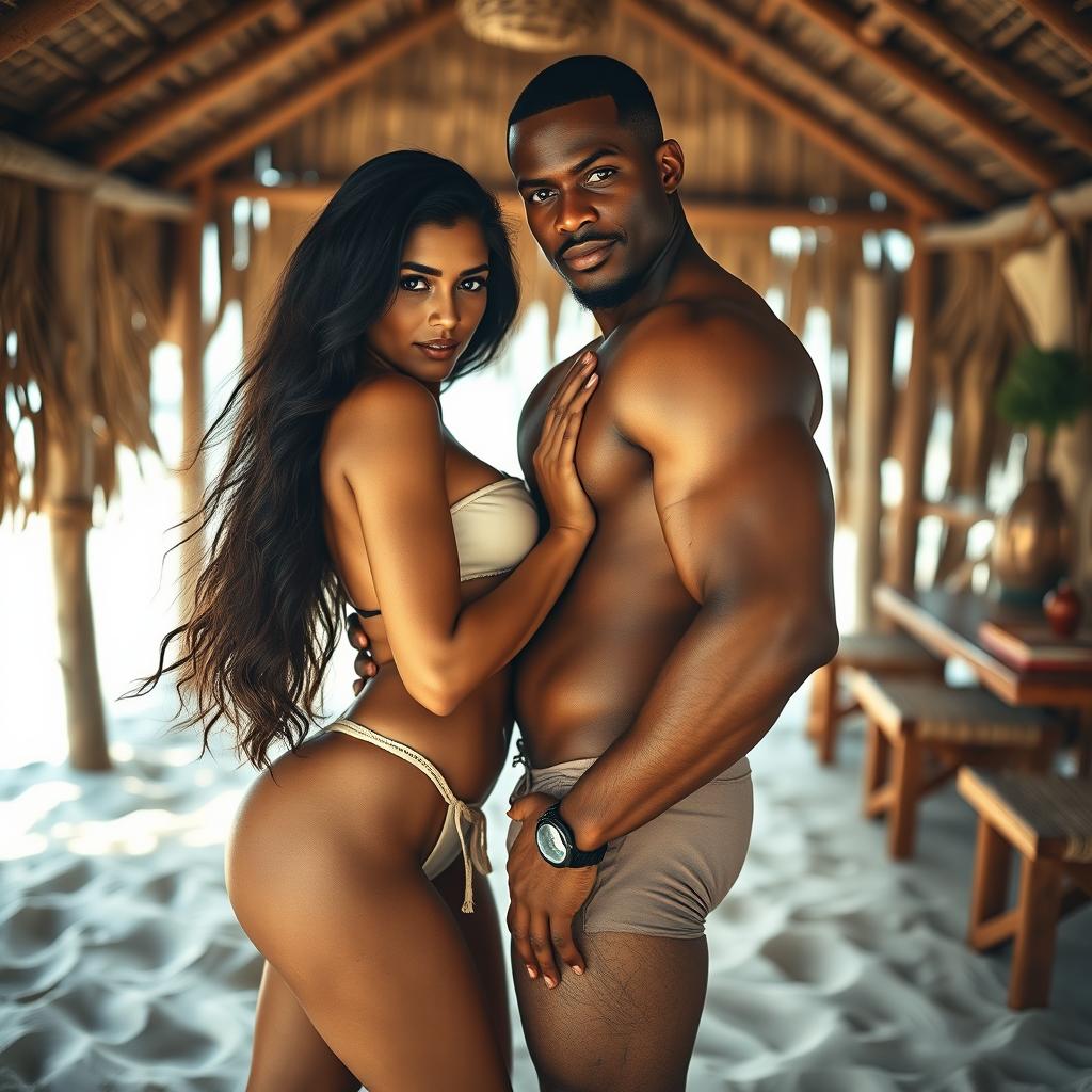 A captivating full-length photoshoot capturing a hot, sultry couple in a beach hut