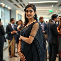 A corporate Indian woman in a transparent black saree paired with a stylish strapless blouse that highlights her silhouette, exuding confidence and professionalism