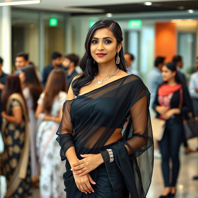 A corporate Indian woman in a transparent black saree paired with a stylish strapless blouse that highlights her silhouette, exuding confidence and professionalism