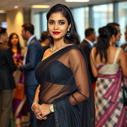 A corporate Indian woman in a transparent black saree paired with a stylish strapless blouse that highlights her silhouette, exuding confidence and professionalism