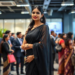 A corporate Indian woman in a transparent black saree paired with a stylish strapless blouse that highlights her silhouette, exuding confidence and professionalism
