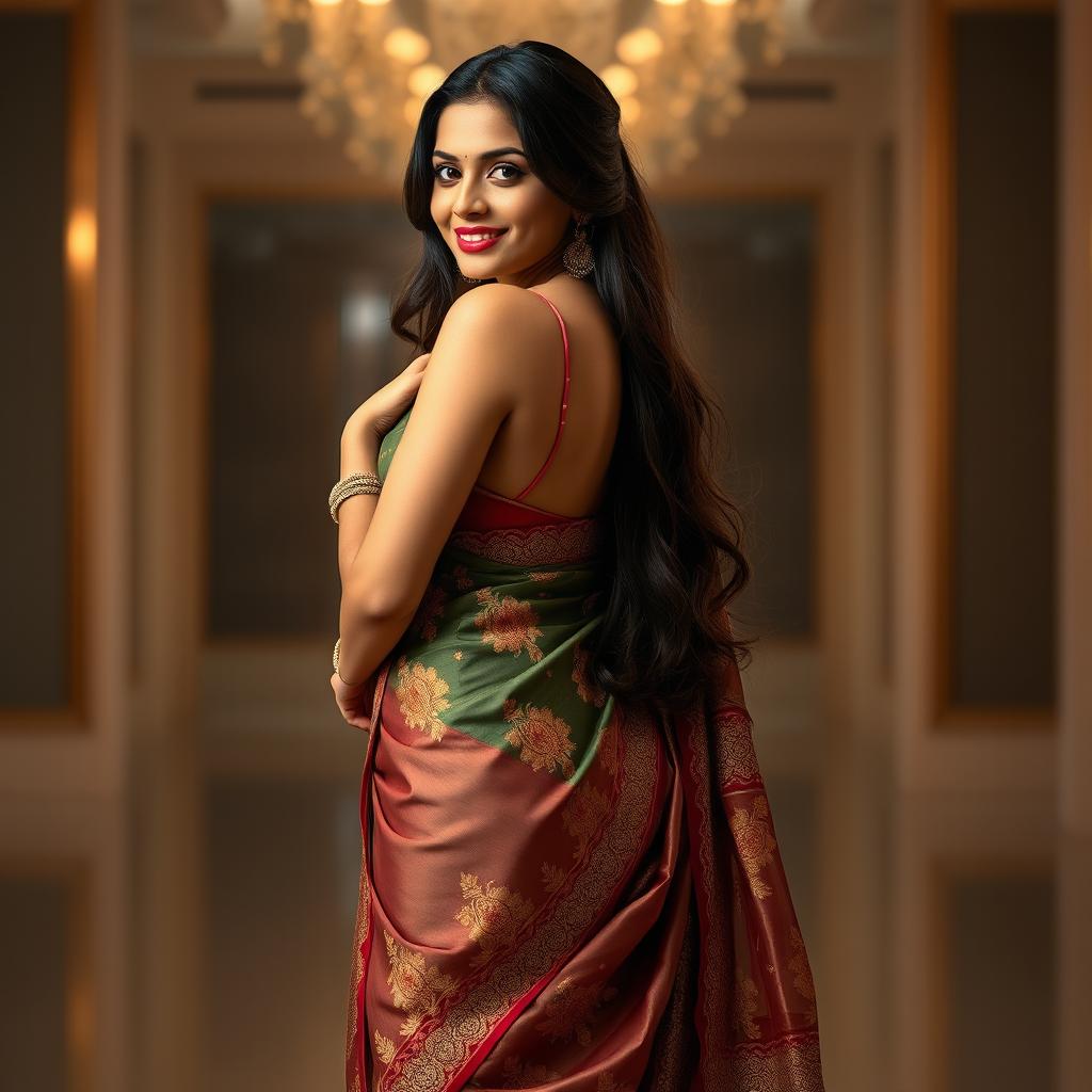 A beautiful Indian woman wearing a sexy, intricately designed saree that drapes elegantly around her curves