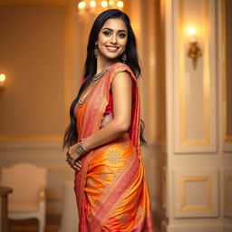 A beautiful Indian woman wearing a sexy, intricately designed saree that drapes elegantly around her curves