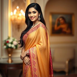 A beautiful Indian woman wearing a sexy, intricately designed saree that drapes elegantly around her curves