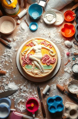 A messy kitchen table filled with various baking tools and utensils scattered around