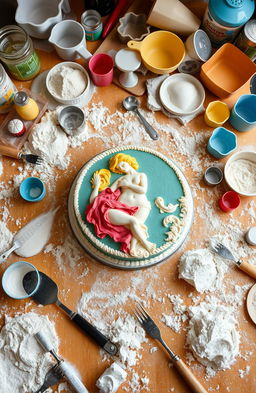 A messy kitchen table filled with various baking tools and utensils scattered around
