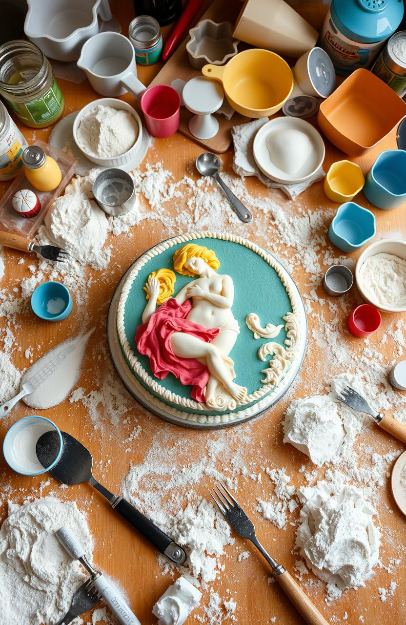 A messy kitchen table filled with various baking tools and utensils scattered around