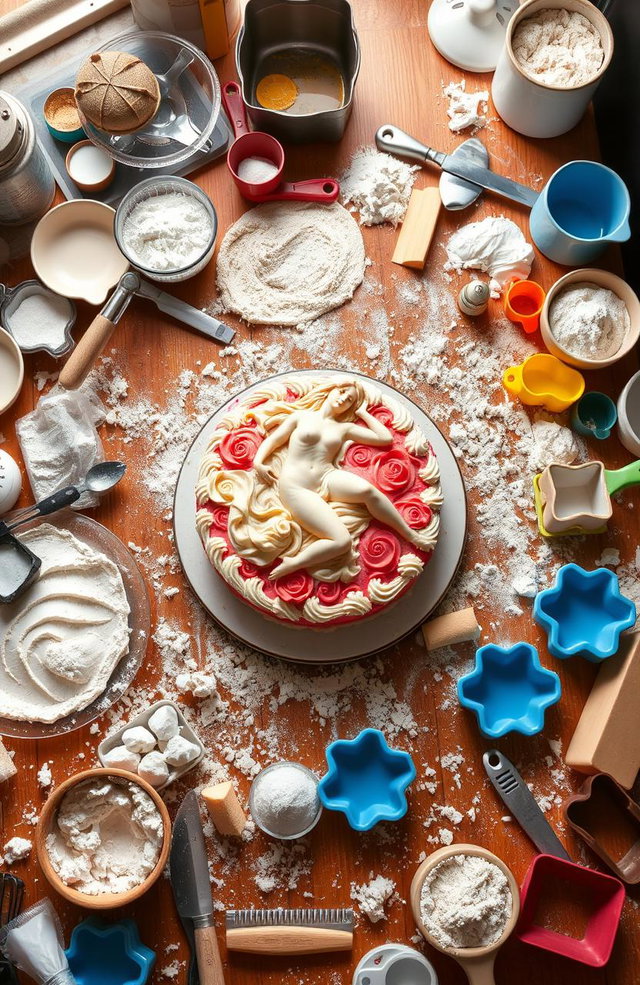 A messy kitchen table filled with various baking tools and utensils scattered around
