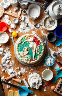 A messy kitchen table filled with various baking tools and utensils scattered around