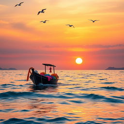 A picturesque scene of a small boat sailing peacefully on the shimmering sea during sunset