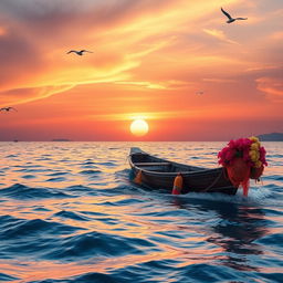 A picturesque scene of a small boat sailing peacefully on the shimmering sea during sunset