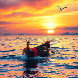 A picturesque scene of a small boat sailing peacefully on the shimmering sea during sunset