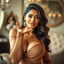 A captivating Indian woman in a sexy outfit that highlights her confident demeanor and accentuates her cleavage