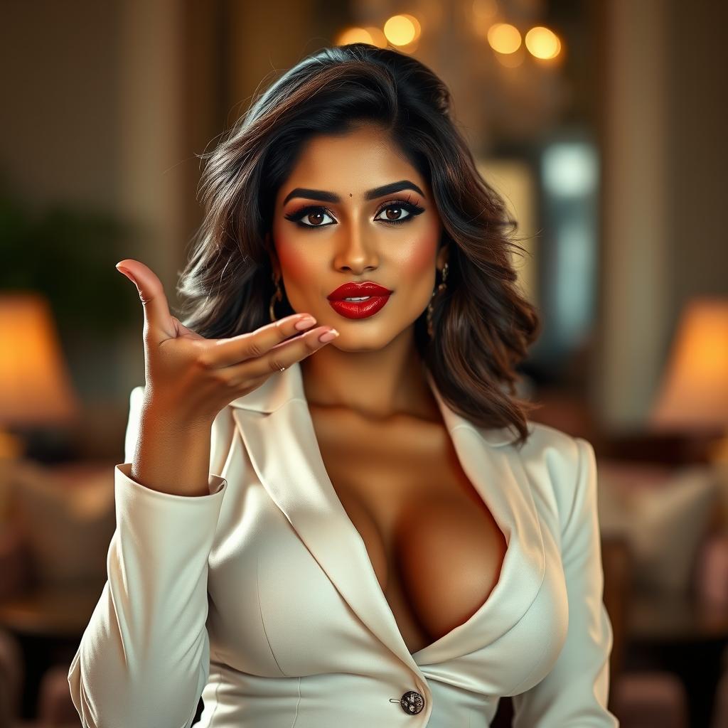 A captivating Indian woman in a sexy outfit that highlights her confident demeanor and accentuates her cleavage
