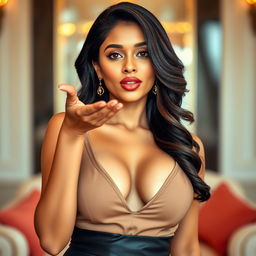 A captivating Indian woman in a sexy outfit that highlights her confident demeanor and accentuates her cleavage