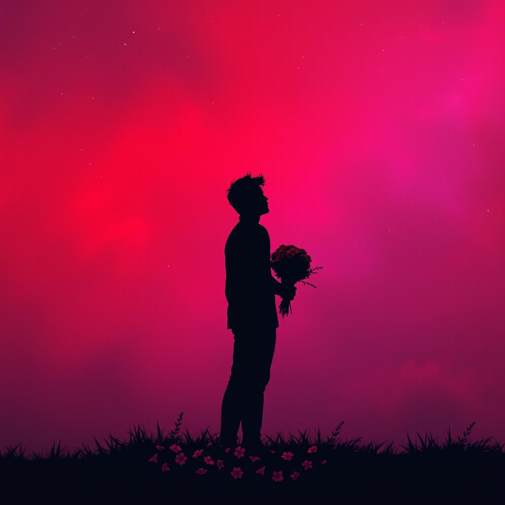 A dramatic and romantic scene featuring a male silhouette standing alone, gazing towards the horizon, symbolizing contemplation and longing