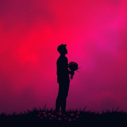 A dramatic and romantic scene featuring a male silhouette standing alone, gazing towards the horizon, symbolizing contemplation and longing