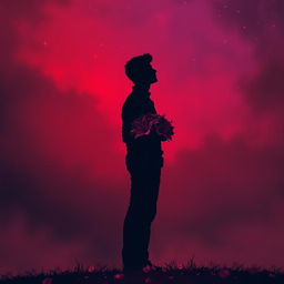 A dramatic and romantic scene featuring a male silhouette standing alone, gazing towards the horizon, symbolizing contemplation and longing