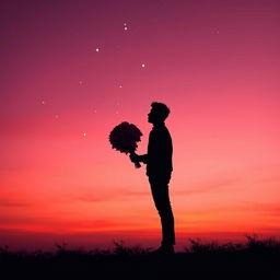 A dramatic and romantic scene featuring a male silhouette standing alone, gazing towards the horizon, symbolizing contemplation and longing