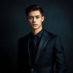 A portrait of a young man wearing a sleek black suit against a moody, dark-themed background