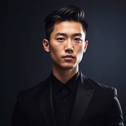 A portrait of a young man wearing a sleek black suit against a moody, dark-themed background
