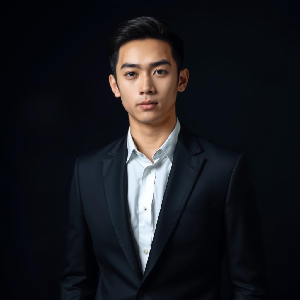 A portrait of a young man wearing a sleek black suit against a moody, dark-themed background