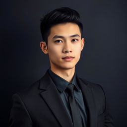 A portrait of a young man wearing a sleek black suit against a moody, dark-themed background
