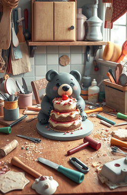 A messy kitchen table filled with various baking tools and utensils scattered around