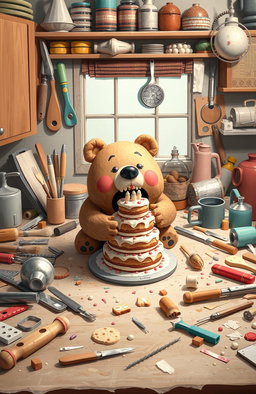 A messy kitchen table filled with various baking tools and utensils scattered around