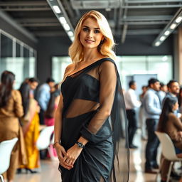 A corporate blonde woman in a transparent black saree paired with a stylish strapless blouse that highlights her figure, standing confidently in a modern Indian office