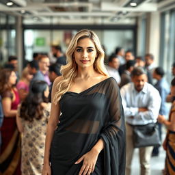 A corporate blonde woman in a transparent black saree paired with a stylish strapless blouse that highlights her figure, standing confidently in a modern Indian office