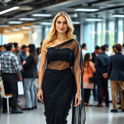 A corporate blonde woman in a transparent black saree paired with a stylish strapless blouse that highlights her figure, standing confidently in a modern Indian office