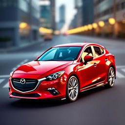 A 2016 red Mazda 3 with a sporty design, showcasing a sleek aerodynamic body, aggressive front grille, and stylish alloy wheels